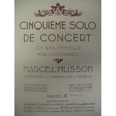 HUSSON Marcel 5ème Solo de Concert Dédicace Violon Piano