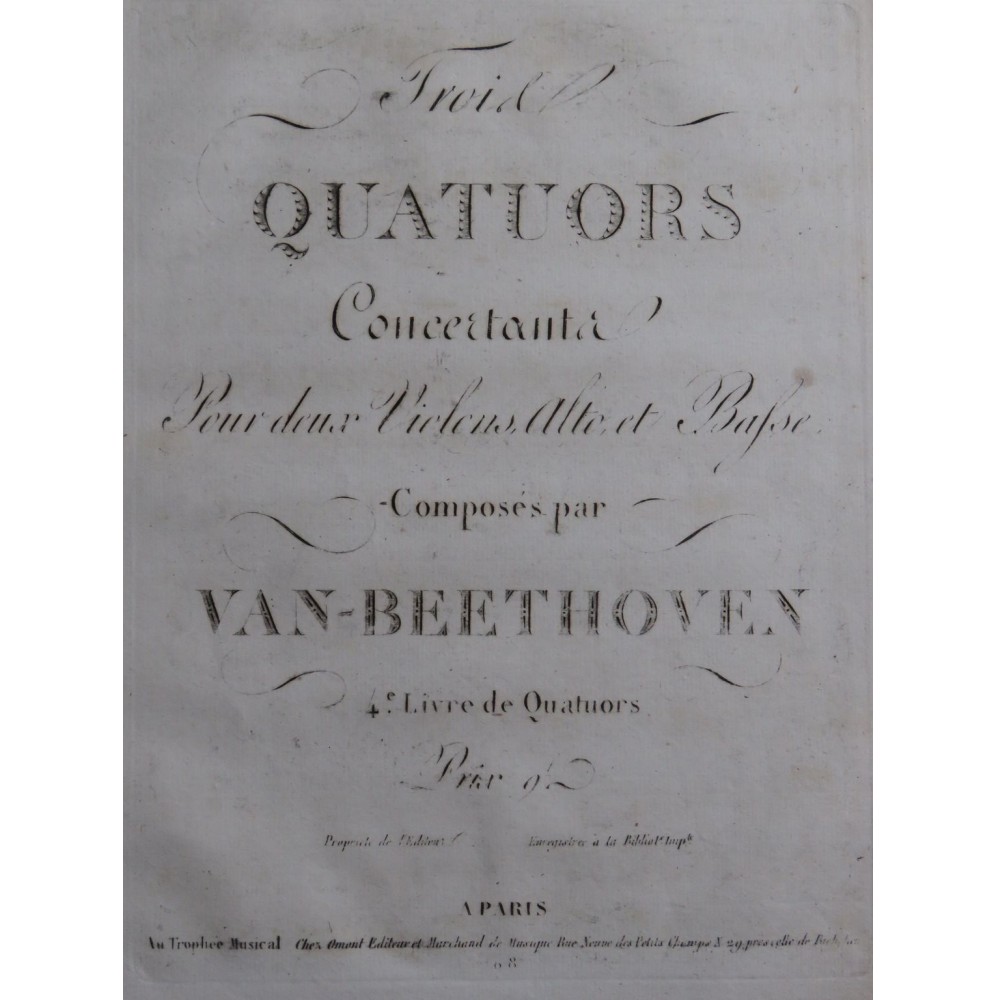 BEETHOVEN Quatuors Concertants tiré Sonates op 2 Violon Alto 1808