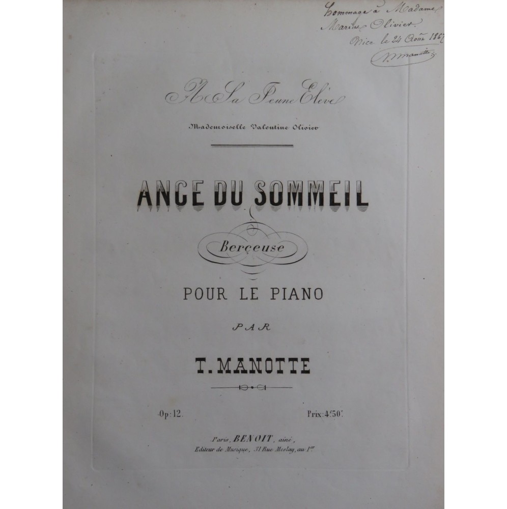 MANOTTE T. Ange du Sommeil Dédicace op 12 Piano 1867