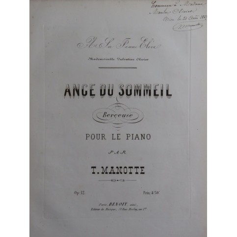 MANOTTE T. Ange du Sommeil Dédicace op 12 Piano 1867