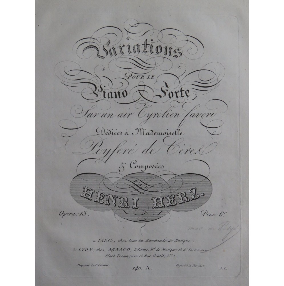 HERZ Henri Variations sur un Air Tyrolien op 13 Piano ca1820