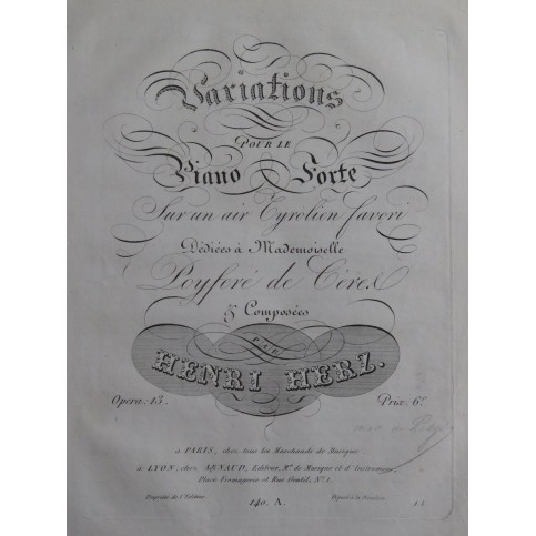 HERZ Henri Variations sur un Air Tyrolien op 13 Piano ca1820