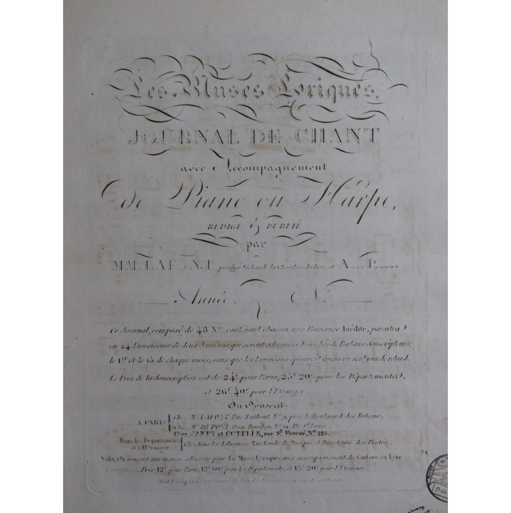 LAFONT P. Le plus Amoureux et la plus Jolie Chant Piano ou Harpe ca1830