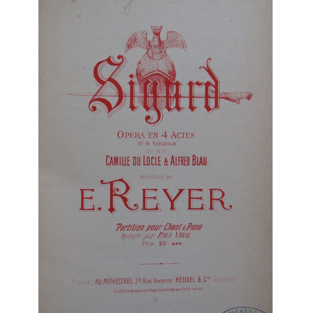REYER Ernest Sigurd Opéra Piano Chant 1885