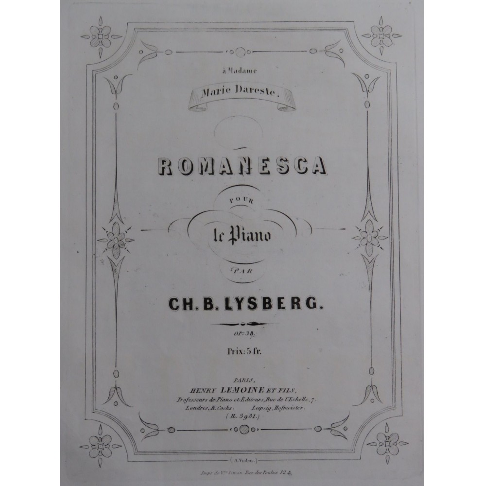 LYSBERG Ch. B. Romanesca op 38 Piano ca1854