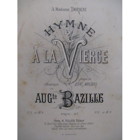 BAZILLE Auguste Hymne à la Vierge Chant Orgue ou Piano ca1890