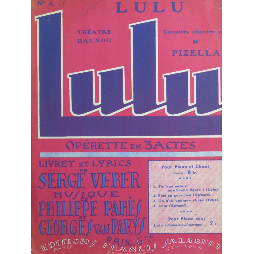 PARÈS Philippe VAN PARYS Georges LuLu ! Chant Piano 1927