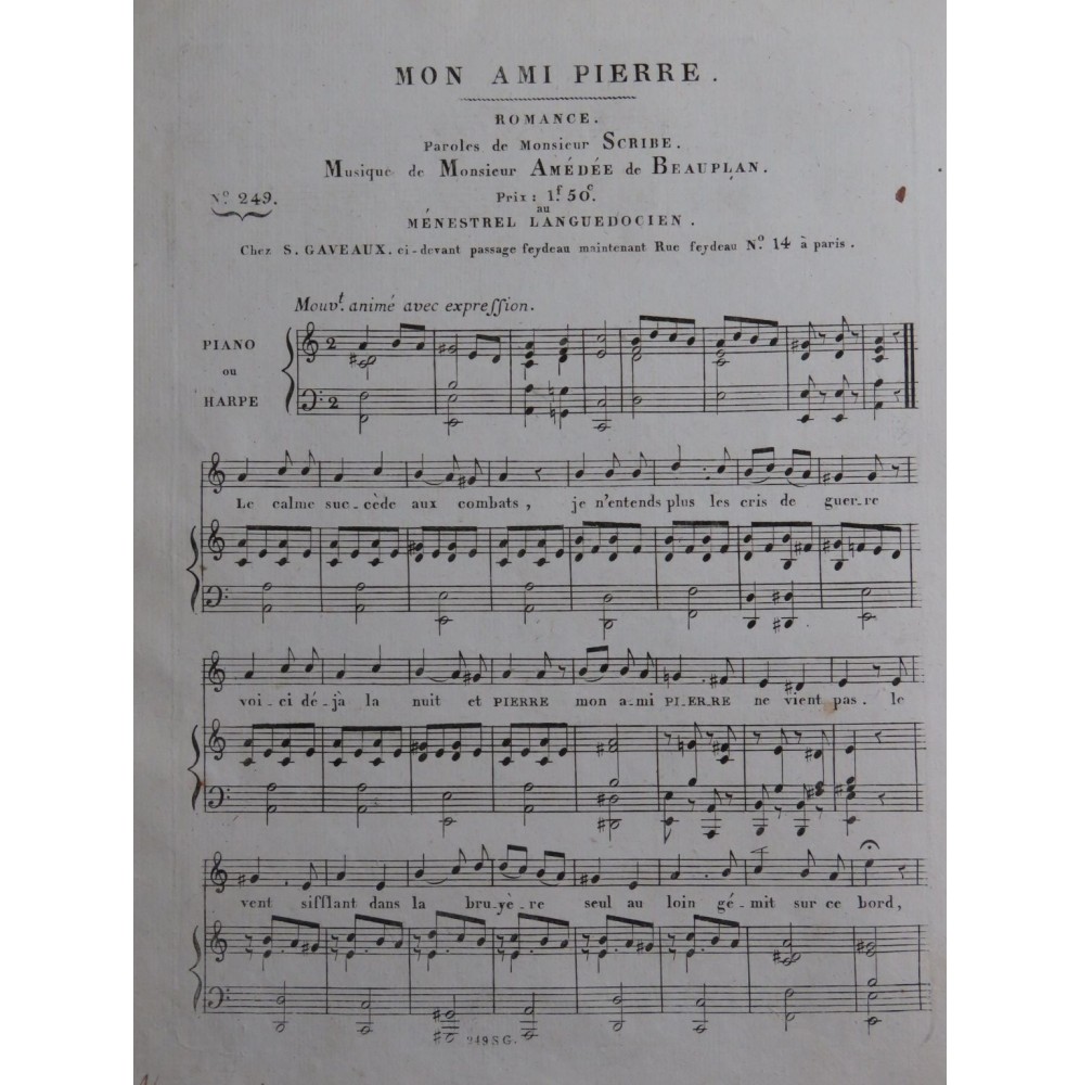 DE BEAUPLAN Amédée Mon Ami Pierre Chant Piano ou Harpe ca1820