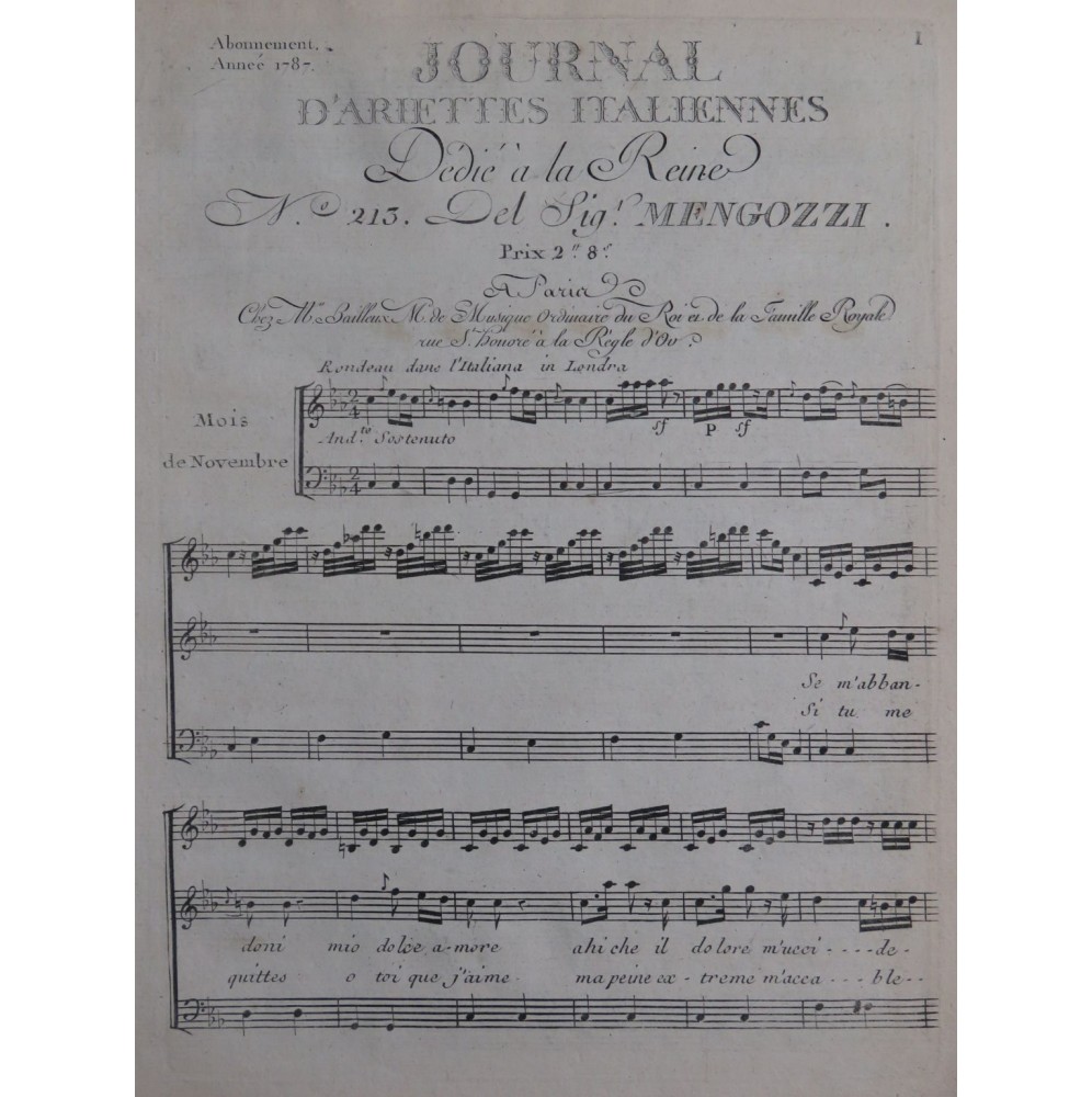 MENGOZZI Bernardo Se m'abbandoni mio dolce amore Chant 1787