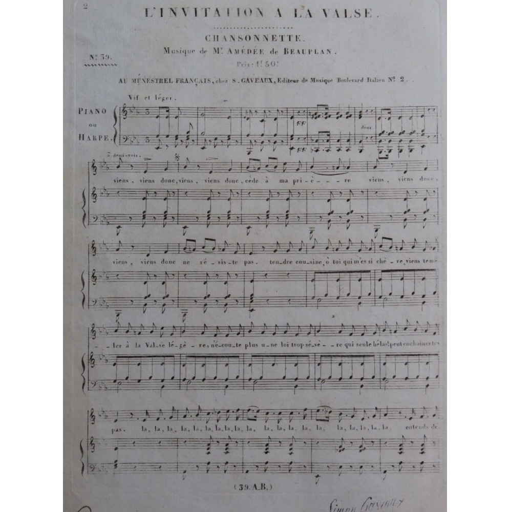 DE BEAUPLAN Amédée L'Invitation à la Valse Chant Piano ou Harpe ca1820