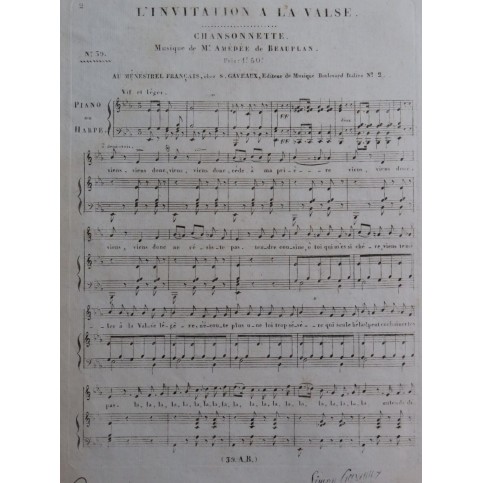 DE BEAUPLAN Amédée L'Invitation à la Valse Chant Piano ou Harpe ca1820