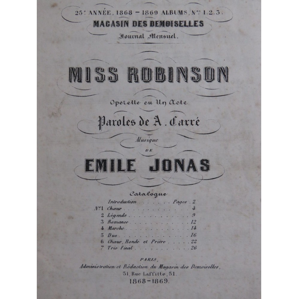 JONAS Émile Miss Robinson Opérette Chant Piano 1869
