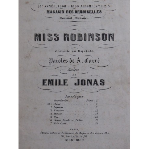 JONAS Émile Miss Robinson Opérette Chant Piano 1869