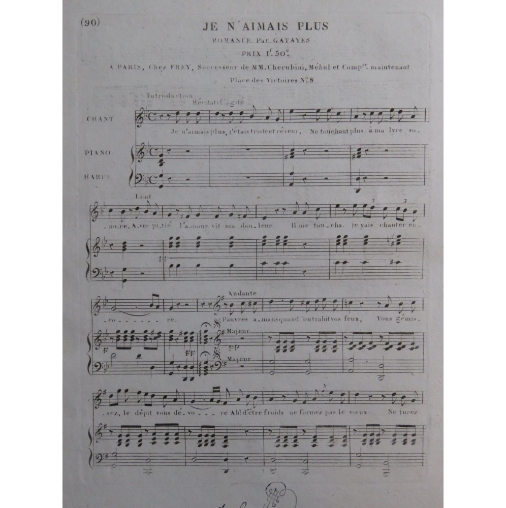 GATAYES Je n'aimais plus Chant Piano ou Harpe ca1820