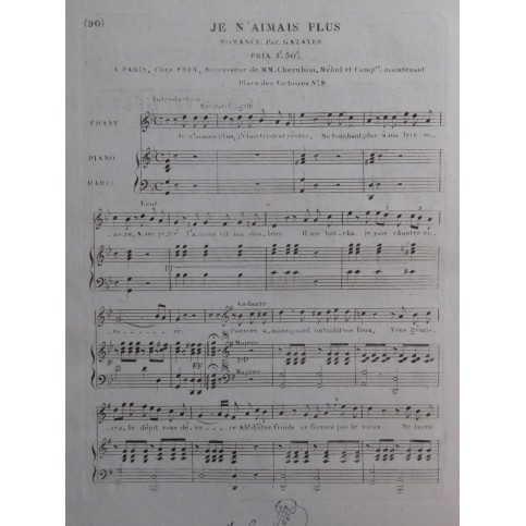 GATAYES Je n'aimais plus Chant Piano ou Harpe ca1820