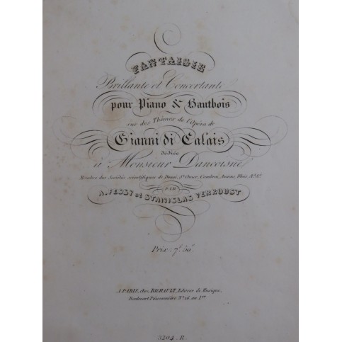 VERROUST Stanislas Fantaisie sur Gianni di Calais Piano Hautbois ca1835