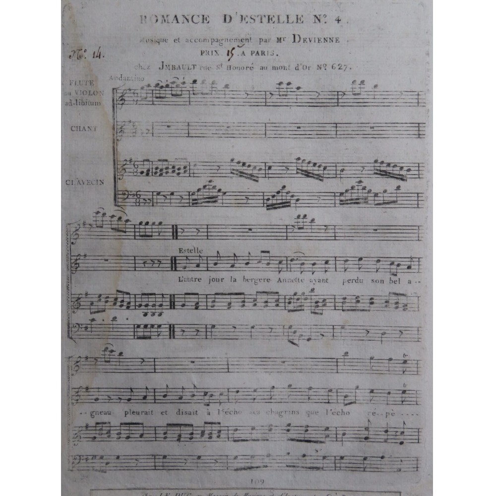 DEVIENNE François Romance d'Estelle No 4 Chant Clavecin Flûte ca1790