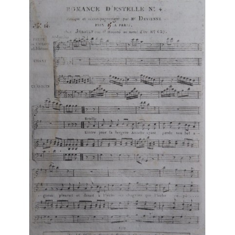 DEVIENNE François Romance d'Estelle No 4 Chant Clavecin Flûte ca1790