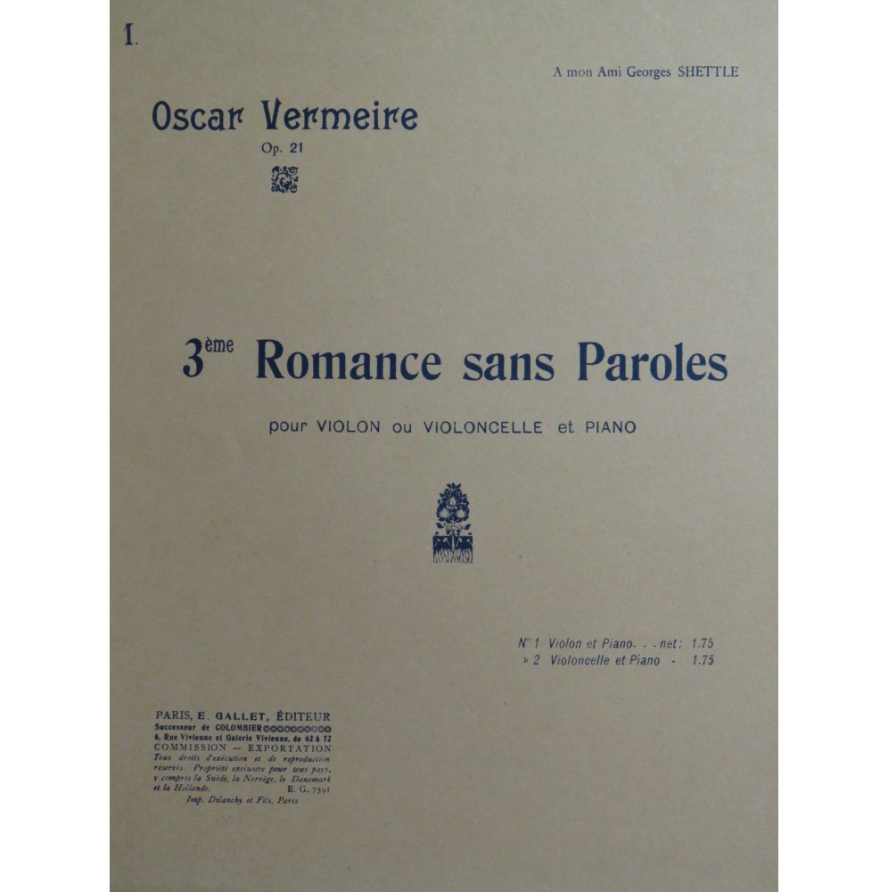 VERMEIRE Oscar Romance sans Paroles No 2 Piano Violon ca1915