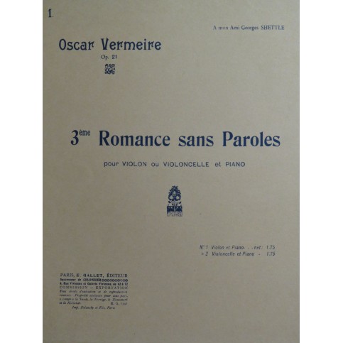 VERMEIRE Oscar Romance sans Paroles No 2 Piano Violon ca1915