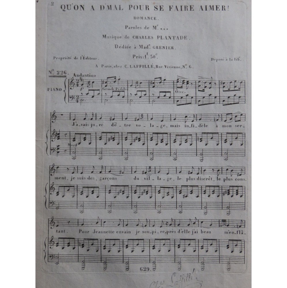 PLANTADE Charles Qu'on a D'mal pour se faire aimer Chant Piano ca1830