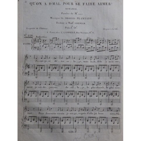PLANTADE Charles Qu'on a D'mal pour se faire aimer Chant Piano ca1830