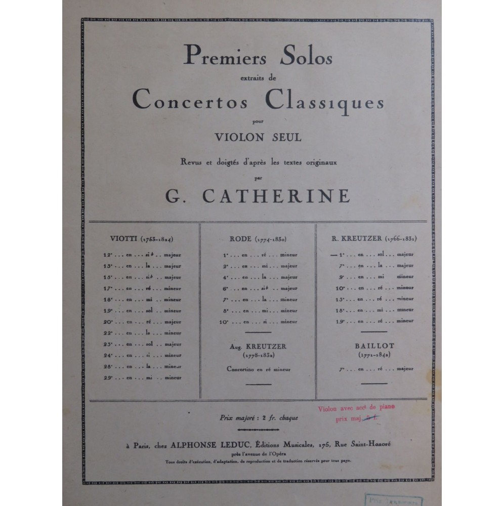 KREUTZER Rodolphe Concerto No 1 1er Solo Piano Violon 1931