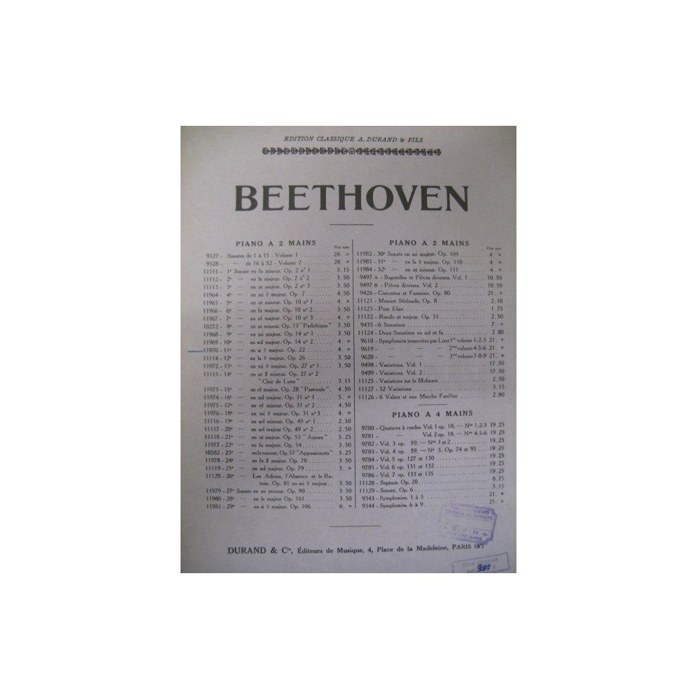 BEETHOVEN Sonate No 11 op 22 Piano 1930