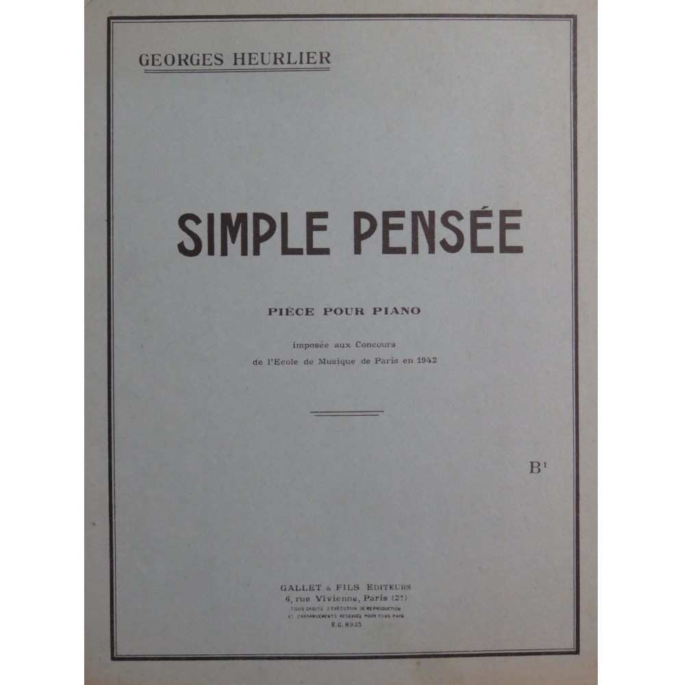 HEURLIER Georges Simple Pensée Piano