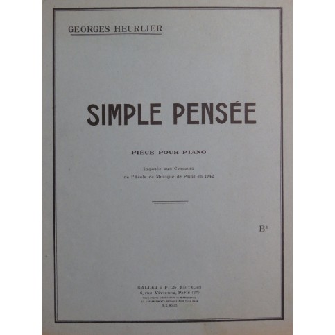 HEURLIER Georges Simple Pensée Piano