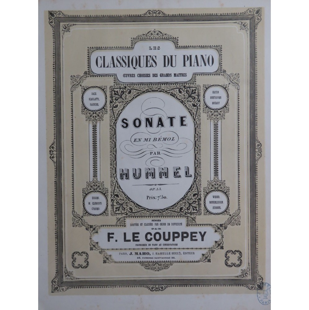HUMMEL J. N. Sonate op 13 Piano ca1860