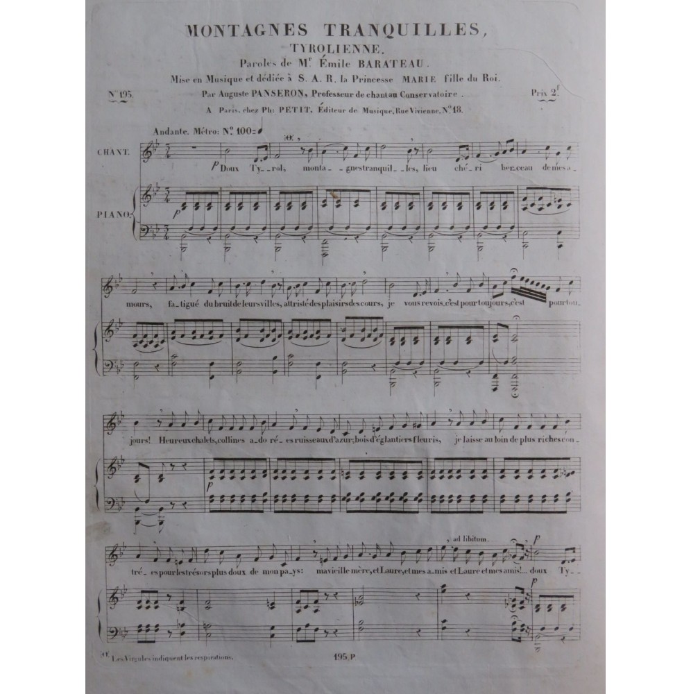 PANSERON Auguste Montagnes Tranquilles Chant Piano ca1830