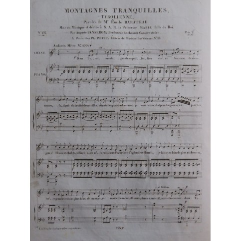 PANSERON Auguste Montagnes Tranquilles Chant Piano ca1830