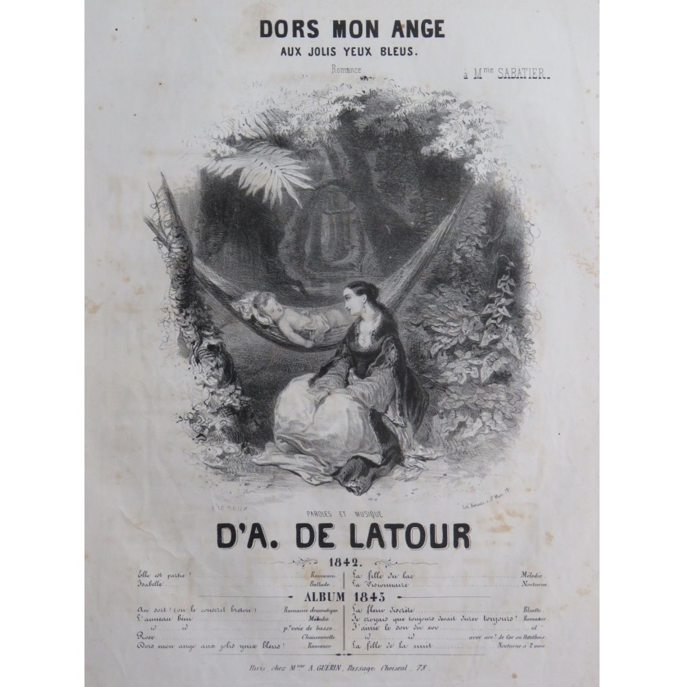 DE LATOUR A. Dors mon ange Chant Piano 1843