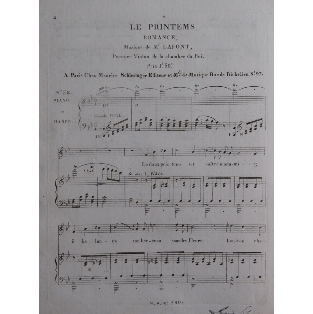 LAFONT Le Printemps Chant Piano ou Harpe ca1830