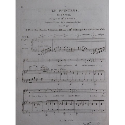 LAFONT Le Printemps Chant Piano ou Harpe ca1830