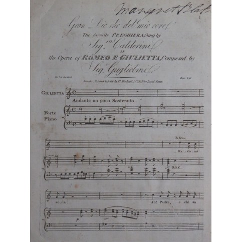 GUGLIELMI Pietro Gran Dio che del mio core Chant Piano ca1800