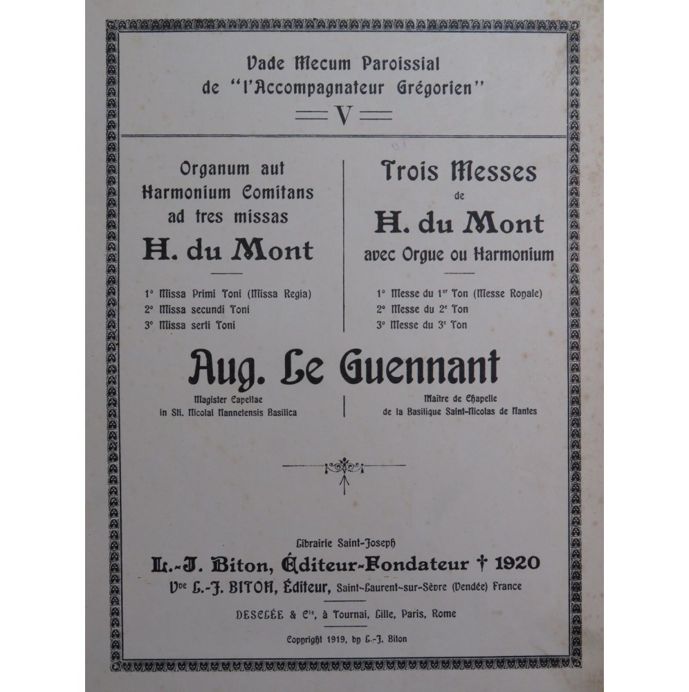 LE GUENNANT Auguste Trois Messes Chant Orgue 1920