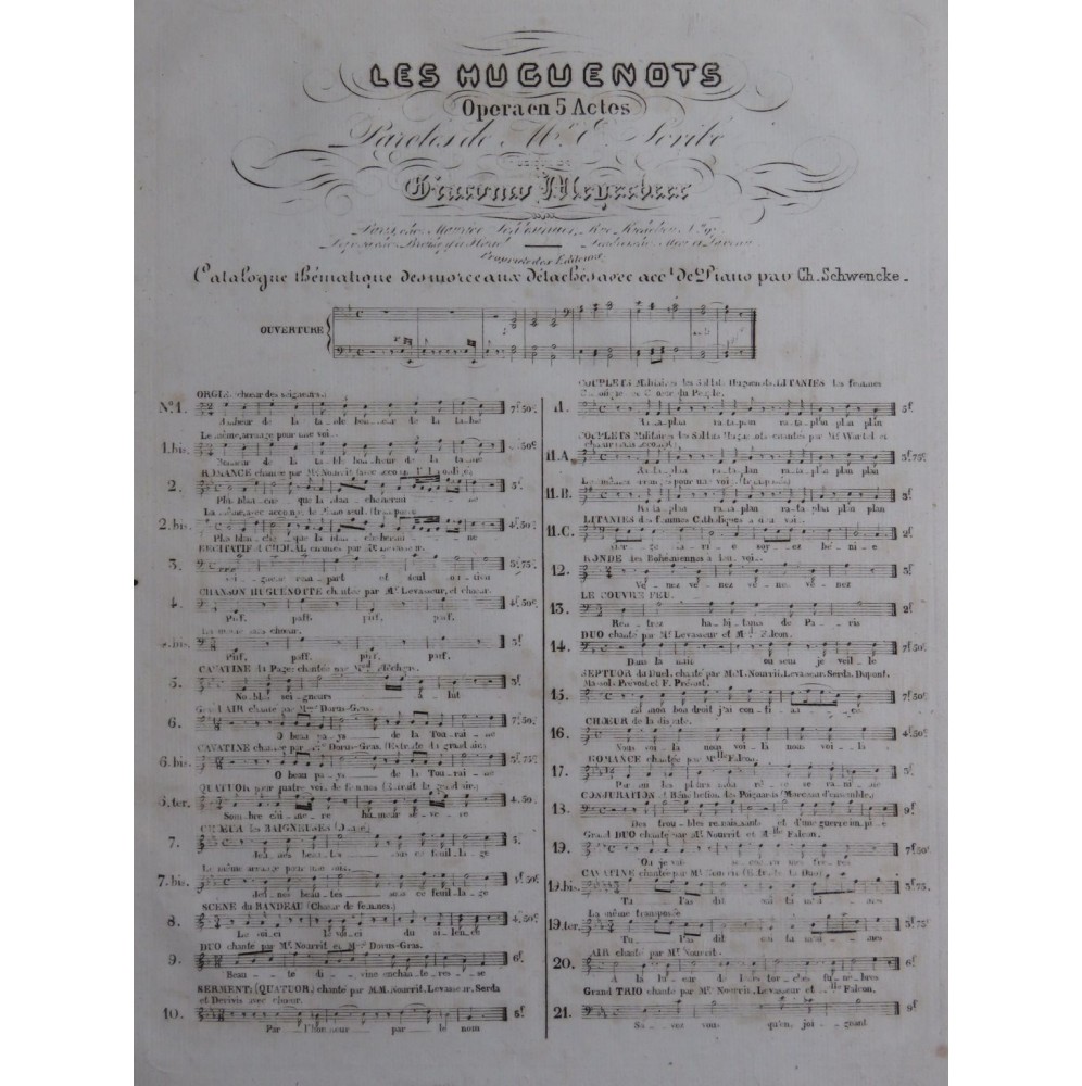 MEYERBEER G. Les Huguenots No 14 Duo Chant Piano ca1836