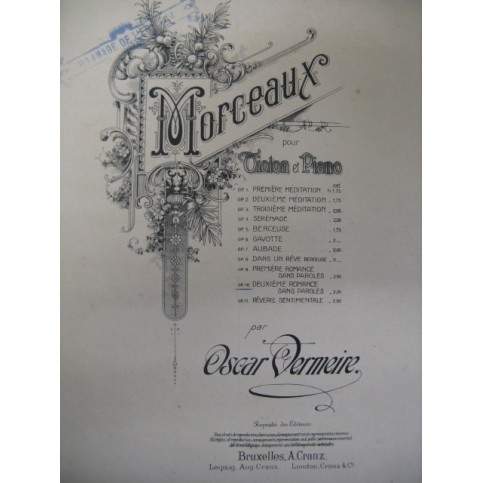 VERMEIRE Oscar Romance No 2 Violon Piano 1910