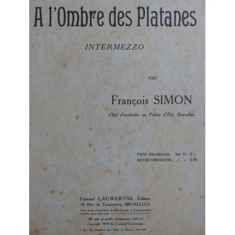 SIMON François A l'ombre des Platanes Intermezzo Orchestre 1919