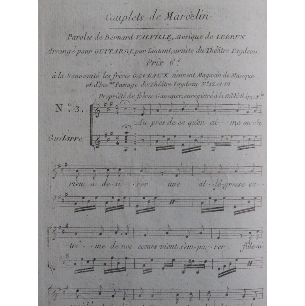 LEBRUN Louis-Sébastien Couplets de Marcelin Chant Guitare ca1820