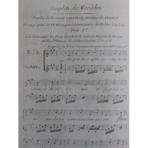 LEBRUN Louis-Sébastien Couplets de Marcelin Chant Guitare ca1820