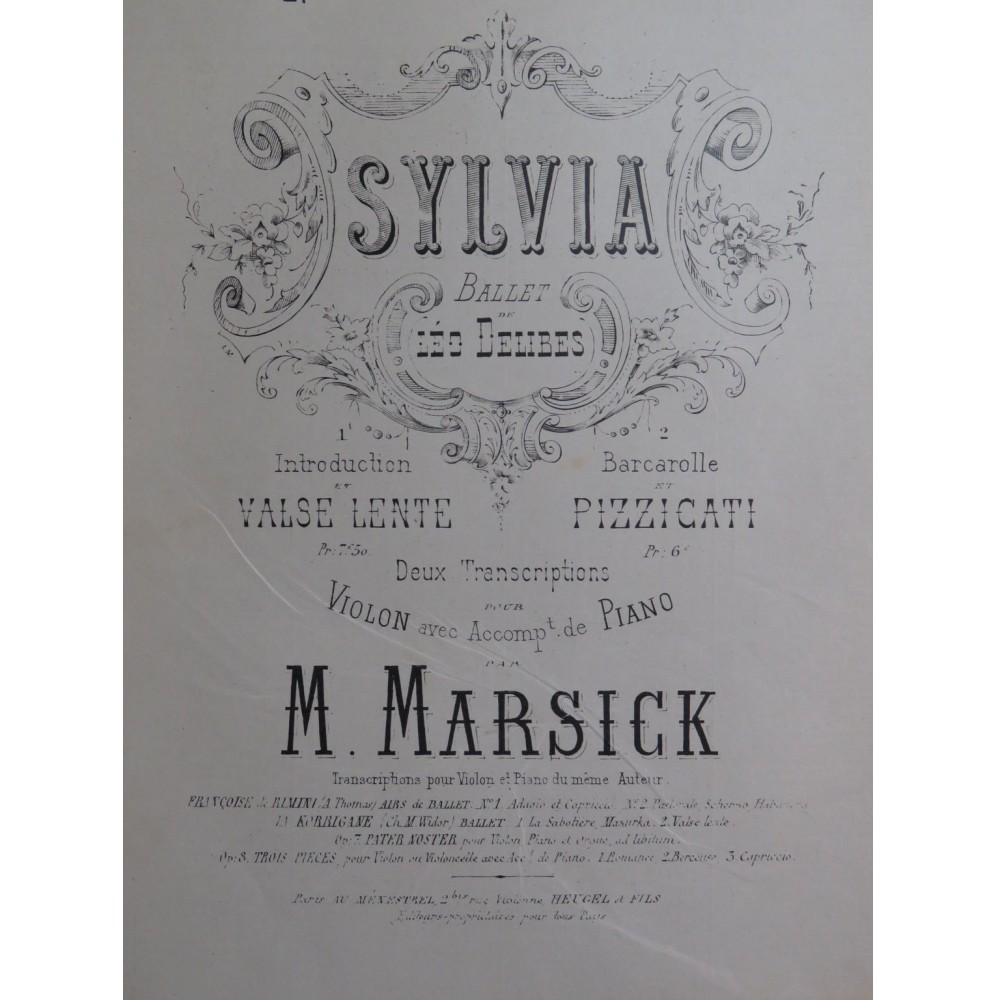 DELIBES Léo Sylvia Barcarolle et Pizzicati Piano Violon 1911