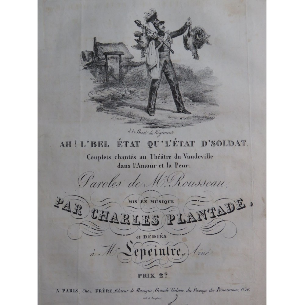 PLANTADE Charles Ah ! L'Bel État Qu'L'État D'Soldat Chant Piano ca1830