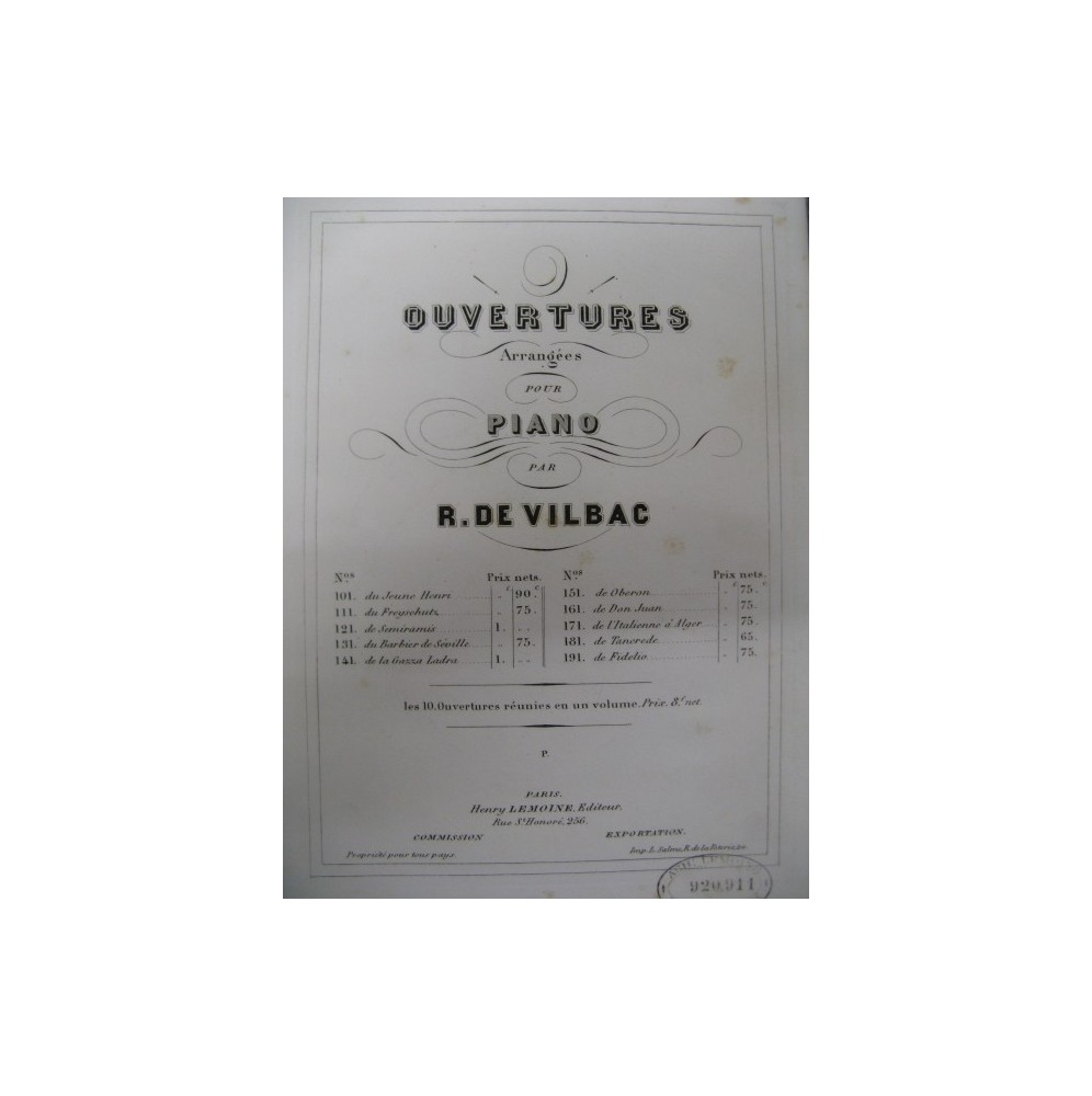 DE VILBAC Renaud Ouverture d'Euriante Piano 1859
