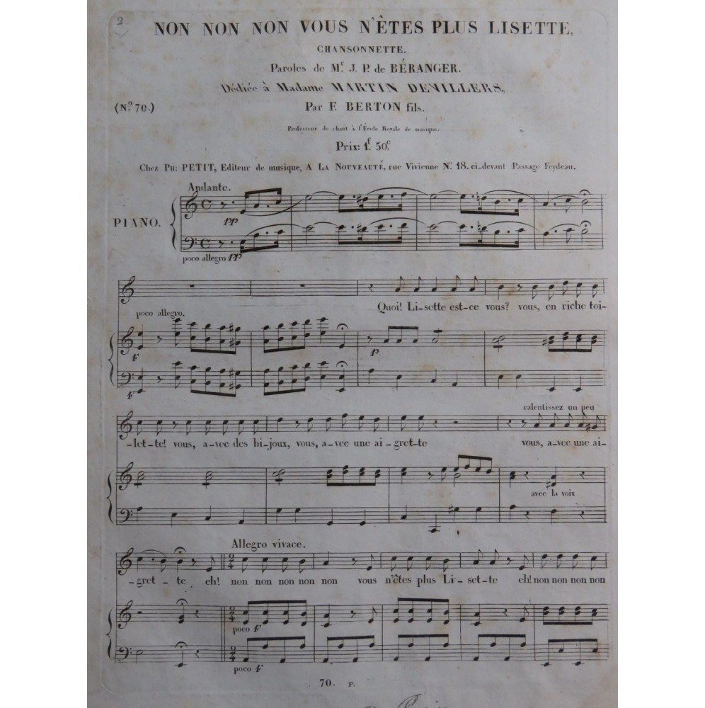 BERTON F. Fils Vous n'êtes plus Lisette Chant Piano ca1830