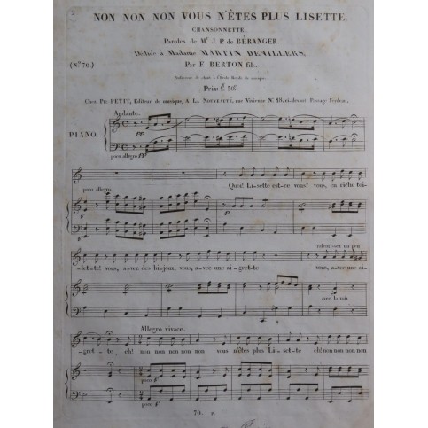BERTON F. Fils Vous n'êtes plus Lisette Chant Piano ca1830