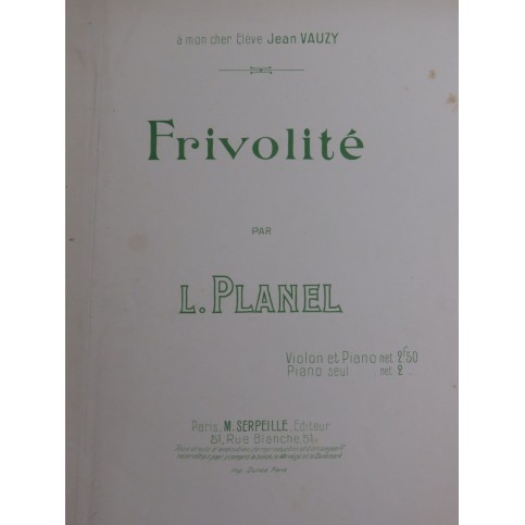 PLANEL L. Frivolité Piano Violon