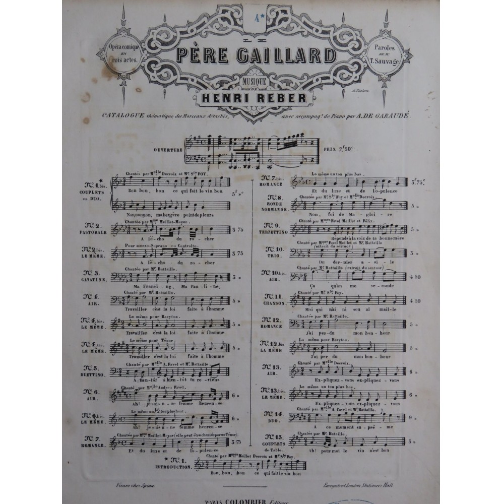 REBER Henri Le Père Gaillard No 4 bis Chant Piano ca1852